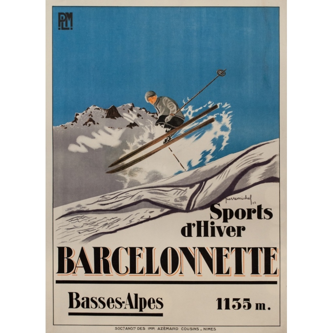 Affiche ancienne de voyage - Pierre Michel - 1928 - Barcelonette Plm Sports D'Hiver - 107.5 par 78 cm