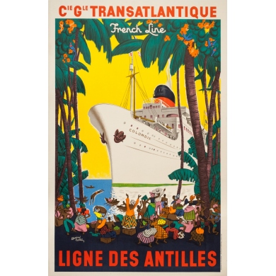 Vintage travel poster - Edouard Colin - 1950 - Ligne Des Antilles Compagnie Transatlantique French Line - 39.2 by 25.6 inches
