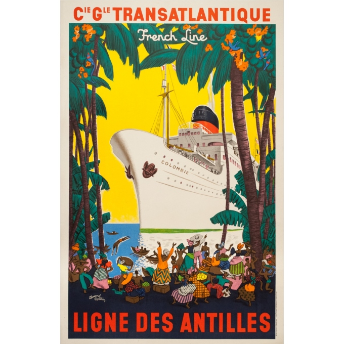 Affiche ancienne de voyage - Edouard Colin - 1950 - Ligne Des Antilles Compagnie Transatlantique French Line - 99.5 par 65 cm
