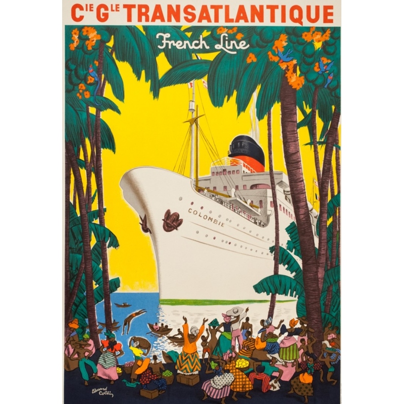 Affiche ancienne de voyage - Edouard Colin - 1950 - Ligne Des Antilles Compagnie Transatlantique - 99.5 par 65 cm - 2