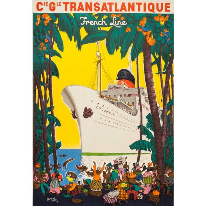 Affiche ancienne de voyage - Edouard Colin - 1950 - Ligne Des Antilles Compagnie Transatlantique - 99.5 par 65 cm - 2