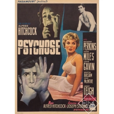 Affiche ancienne de cinéma - 1960 - Psychose Alfred Hitchcock Petit Format - 47 par 35.5 cm