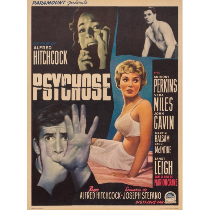 Affiche ancienne de cinéma - 1960 - Psychose Alfred Hitchcock Petit Format - 47 par 35.5 cm