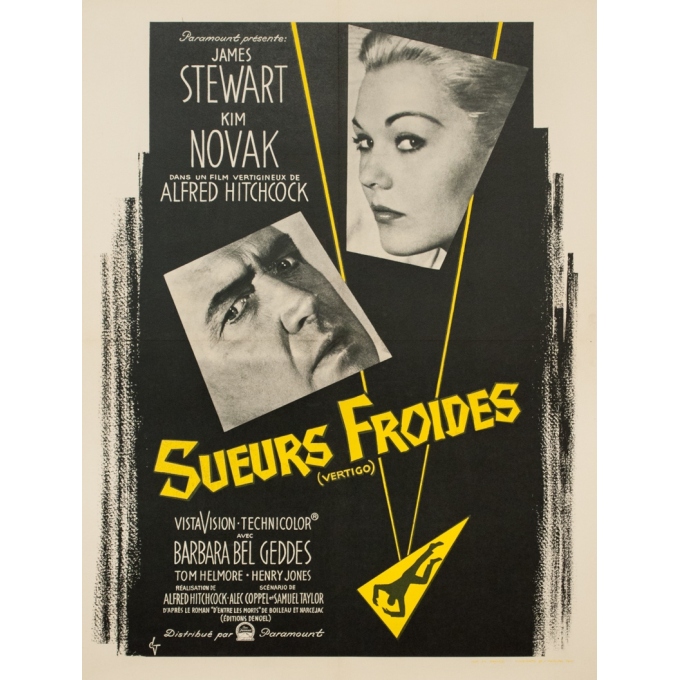 Affiche ancienne de cinéma - DJ - 1958 - Sueurs Froides Alfred Hitchcock Vertigo - 78 par 59 cm