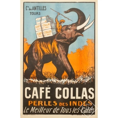 Affiche ancienne de publicité - 1927 - Café Collas Perle Des Indes - 112 par 76 cm