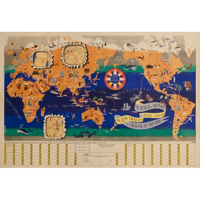 Vintage advertising poster - Jb Jannot - Circa 1955 - Chocolat Menier Planisphere - 44.1 by 30.3 inches