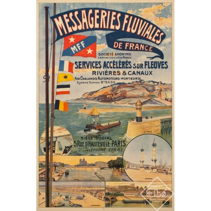 Affiche ancienne de voyage - 1920 - Messageries Fluviales De France - 117.5 par 80 cm