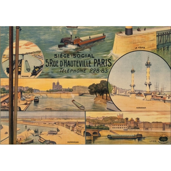 Affiche ancienne de voyage - 1920 - Messageries Fluviales De France - 117.5 par 80 cm - 3