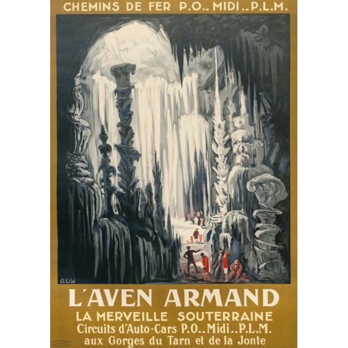 Affiche ancienne de voyage - Cl.Eiffel - 1930 - L'Aven Armand Circuit D'Auto Cars - 104 par 74.5 cm