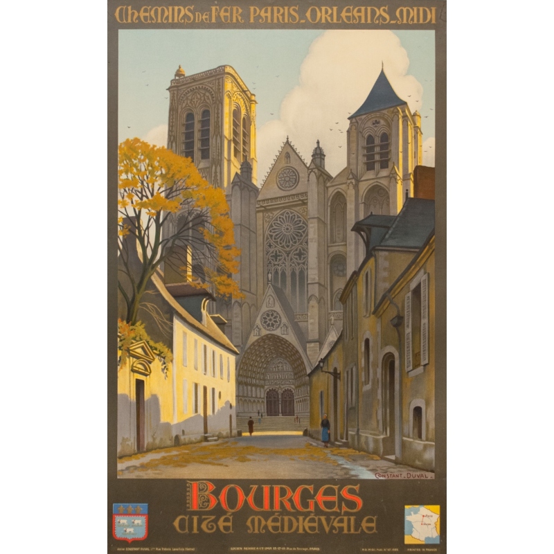 Vintage travel poster - Constant Duval - 1935 - Bourges Cathédrales Cité Médiévale - 39 by 24.2 inches