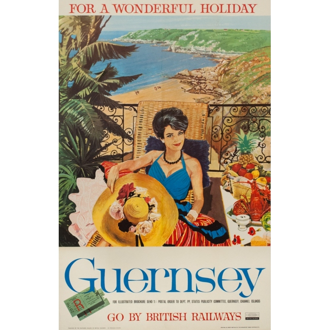 Affiche ancienne de voyage - 1962 - Guernsey British Railways - 98.5 par 63.5 cm