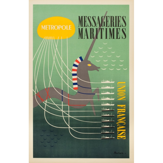 Affiche ancienne de voyage - Poulain - 1950 - Messagerie Maritime Union Française Métropole - 96.5 par 63 cm
