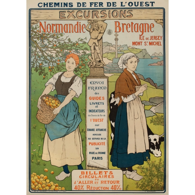 Affiche ancienne de voyage - L.Kowalsky - Circa 1895 - Normandie Bretagne Excursions Jersey Mont St Michel - 105.5 par 77 cm