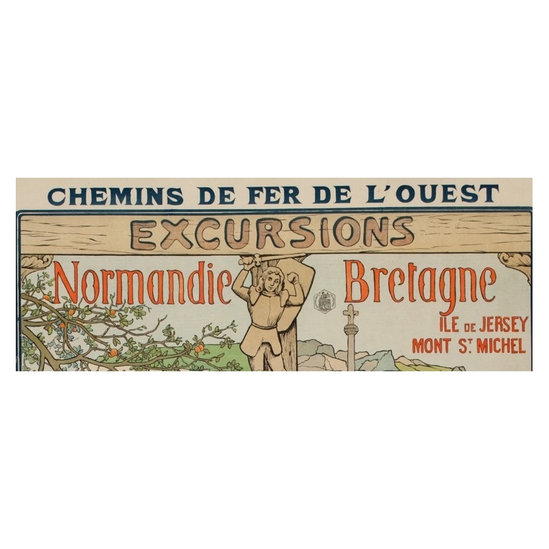 Affiche ancienne de voyage - L.Kowalsky - Circa 1895 - Normandie Bretagne Excursions Jersey Mont St Michel - 105.5 par 77 cm - 2