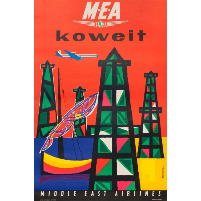 Affiche ancienne de voyage - Auriac - 1962 - M.E.A Koweit Middle East Airlines - 80 par 53.5 cm