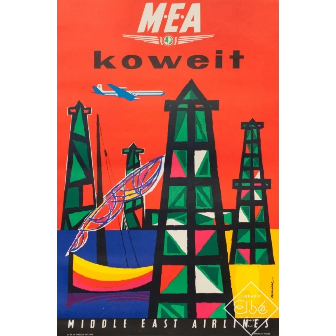 Vintage travel poster - Auriac - 1962 - M.E.A Koweit Middle East Airlines - 31.5 by 21.1 inches