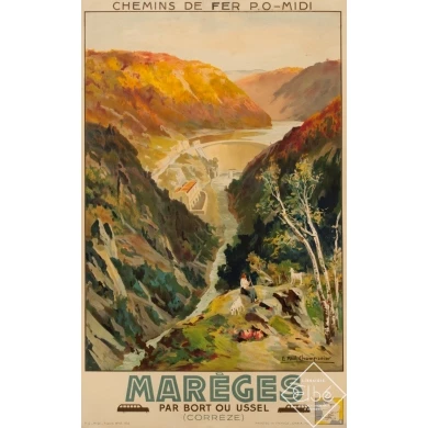 Affiche ancienne de voyage - E.Paul Champseix - 1936 - Marèges Corrèze Par Bort Ou Ussel - 97.5 par 61 cm