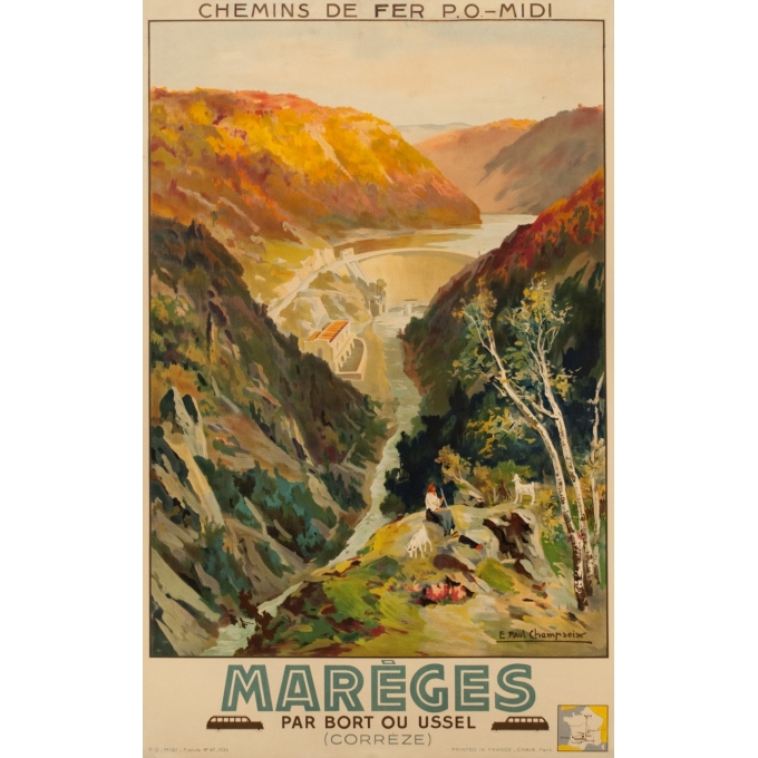 Affiche ancienne de voyage - E.Paul Champseix - 1936 - Marèges Corrèze Par Bort Ou Ussel - 97.5 par 61 cm