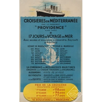 Vintage travel poster - 1925 - Croisières En Méditerranée Paquebot Providence Marseille Alexandrie Beyrouth - 37.4 by 23.2 "