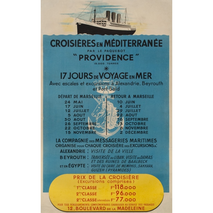 Affiche ancienne de voyage - 1925 - Croisières En Méditerranée Paquebot Providence Marseille Alexandrie Beyrouth - 95 par 59 cm