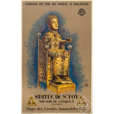 Vintage travel poster - Hallo - 1931 - Sainte Foy Statue Conques Aveyron Circuit Automobiles - 39 by 24.4 inches