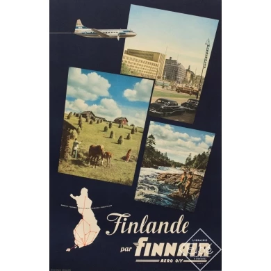 Affiche ancienne de voyage - 1955 - Finlande Par Finnair - 97 par 61.5 cm