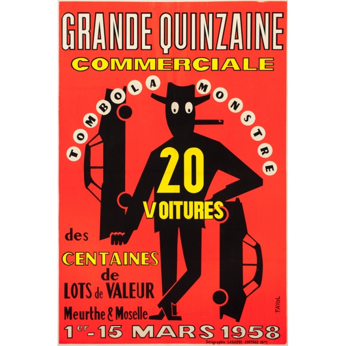 Affiche ancienne de publicité - Fayol - 1958 - Grande Quinzaine Commerciale Tombola Voiture Meurthe Et Moselle - 119 par 79.5 cm