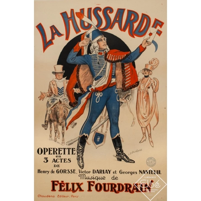 Affiche ancienne d'exposition - LD Valverane - 1925 - La Hussarde Operette Felix Fourdrain - 117 par 78 cm