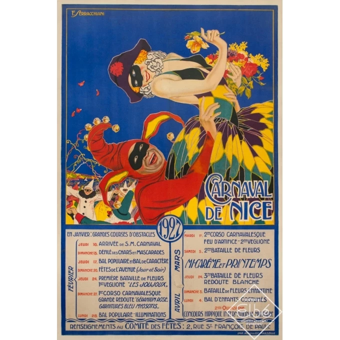 Affiche ancienne d'exposition - F. Serracchiani - 1927 - Nice Carnaval - 120 par 79 cm