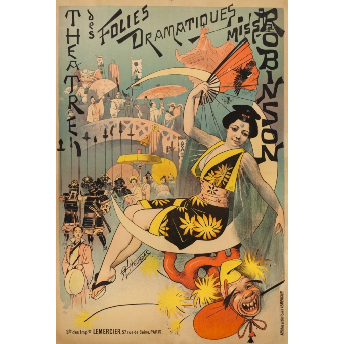 Affiche ancienne d'exposition - Alfred Choubrac - circa 1895 - Théatre Des Folies Dramatiques Miss Robinson - 119 par 81 cm