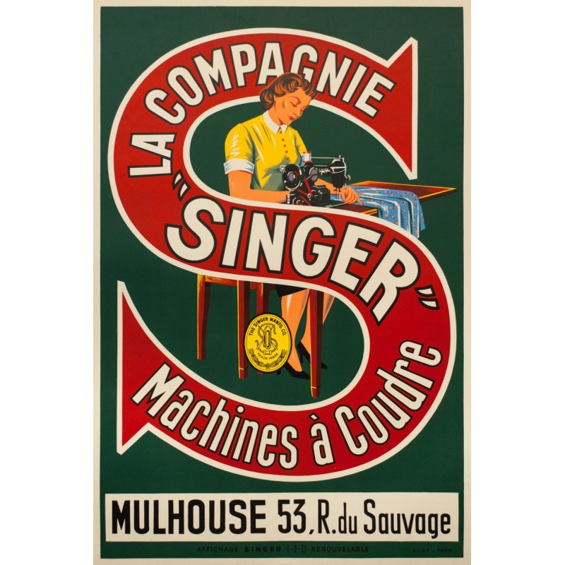 Vintage advertising poster -  - circa 1950 - La Compagnie Singer Machines À Coudre - 46.1 by 31.1 inches Vintage advertising poster -  - circa 1950 - La Compagnie Singer Machines À Coudre - 46.1 by 31.1 inches