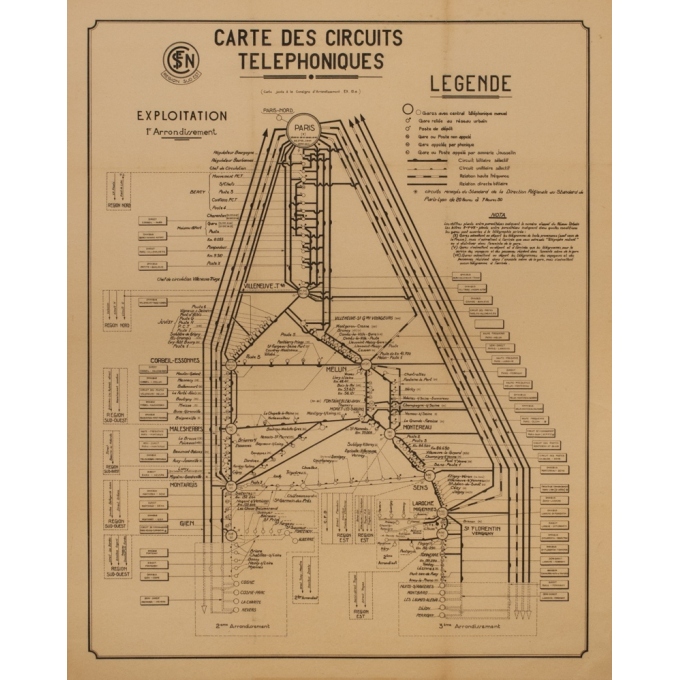 Affiche ancienne de publicité -  - Circa 1950 - Carte De Circuits Téléphoniques - 69 par 86.5 cm