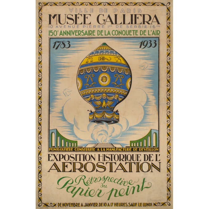 Affiche ancienne d'exposition - René Gabriel - 1933 - Anniversaire De La Conquete De L'Air Montgolfière - 118 par 77.5 cm