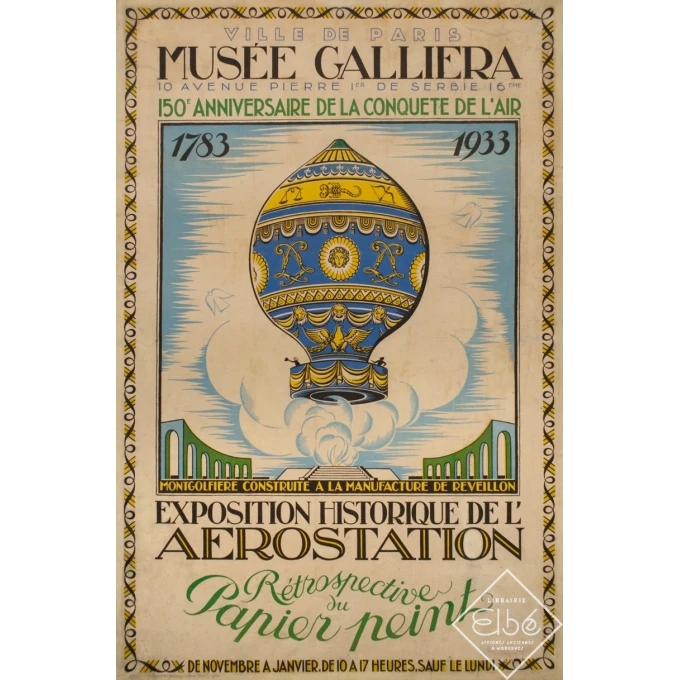 Vintage exhibition poster - René Gabriel - 1933 - Anniversaire De La Conquete De L'Air Montgolfière - 46.5 by 30.5 inches