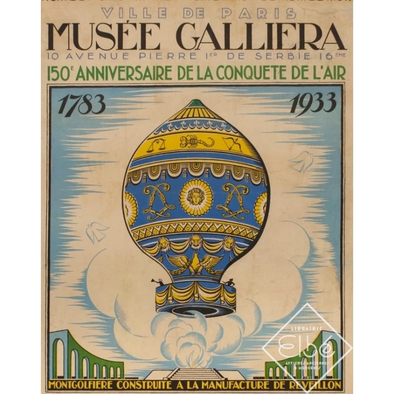 Affiche ancienne d'exposition - René Gabriel - 1933 - Anniversaire De La Conquete De L'Air Montgolfière - 118 par 77.5 cm - 2