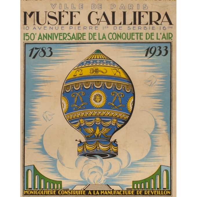Affiche ancienne d'exposition - René Gabriel - 1933 - Anniversaire De La Conquete De L'Air Montgolfière - 118 par 77.5 cm - 2