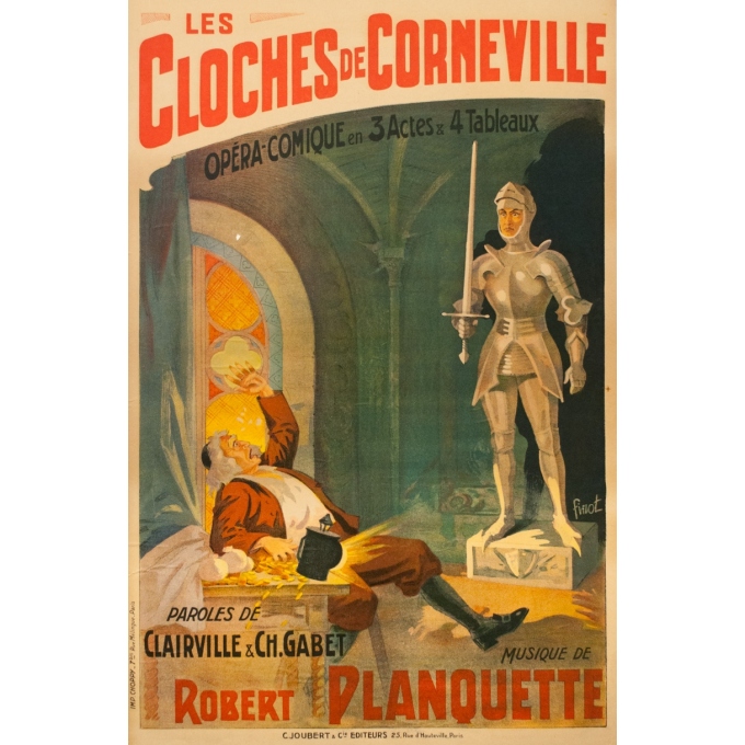 Affiche ancienne d'exposition - Finot - 1910 - Les Cloches De Corneville Opéra Comique - 117.5 par 77 cm