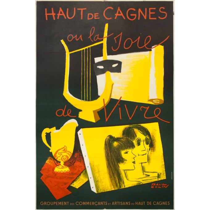 Vintage exhibition poster - Paul Colin - 1960 - Haut De Cagnes Ou La Joie De Vivre Commerçants - 47 by 31.1 inches