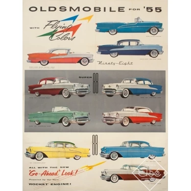 Affiche ancienne de publicité - 1955 - Oldsmobile For' 55 Flying Colors - 126 par 96 cm