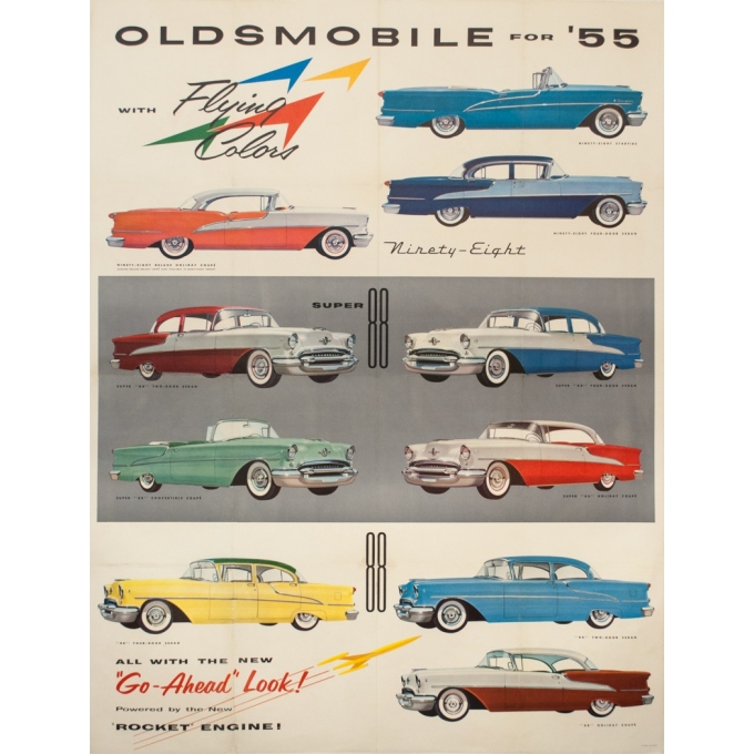 Affiche ancienne de publicité - 1955 - Oldsmobile For' 55 Flying Colors - 126 par 96 cm