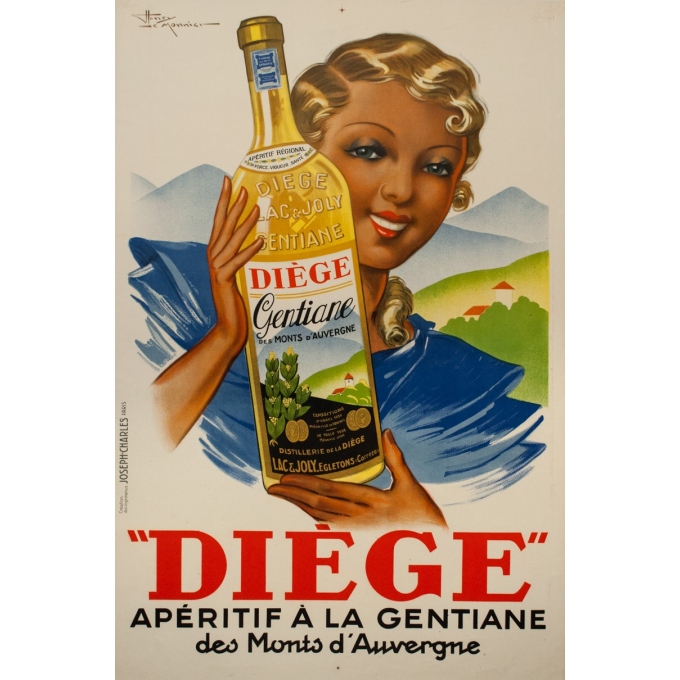 Affiche ancienne de publicité - Henry le Monnier - circa 1940 - Diège Gentiane Auvergne - 120.5 par 80 cm