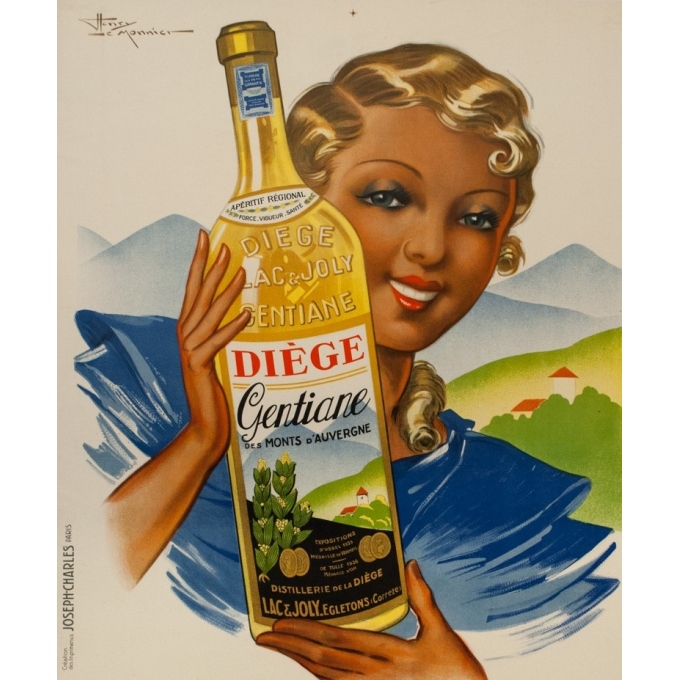 Affiche ancienne de publicité - Henry le Monnier - circa 1940 - Diège Gentiane Auvergne - 120.5 par 80 cm - 2