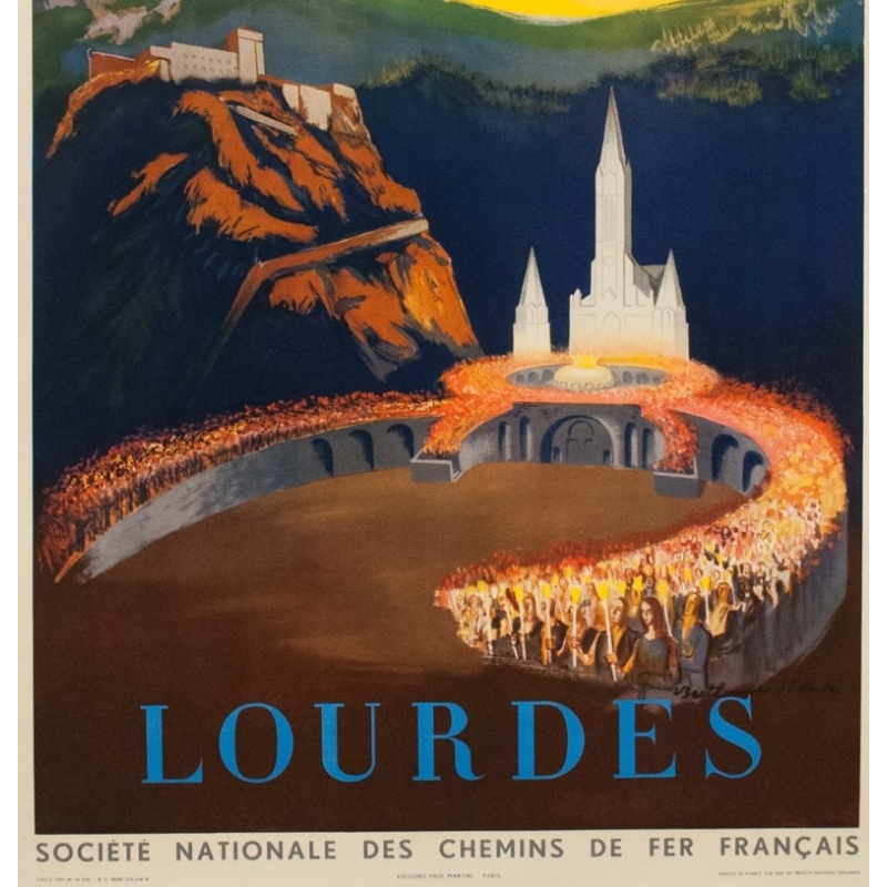 Affiche ancienne de voyage - André - 1951 - Lourdes - 99 par 61 cm - 2