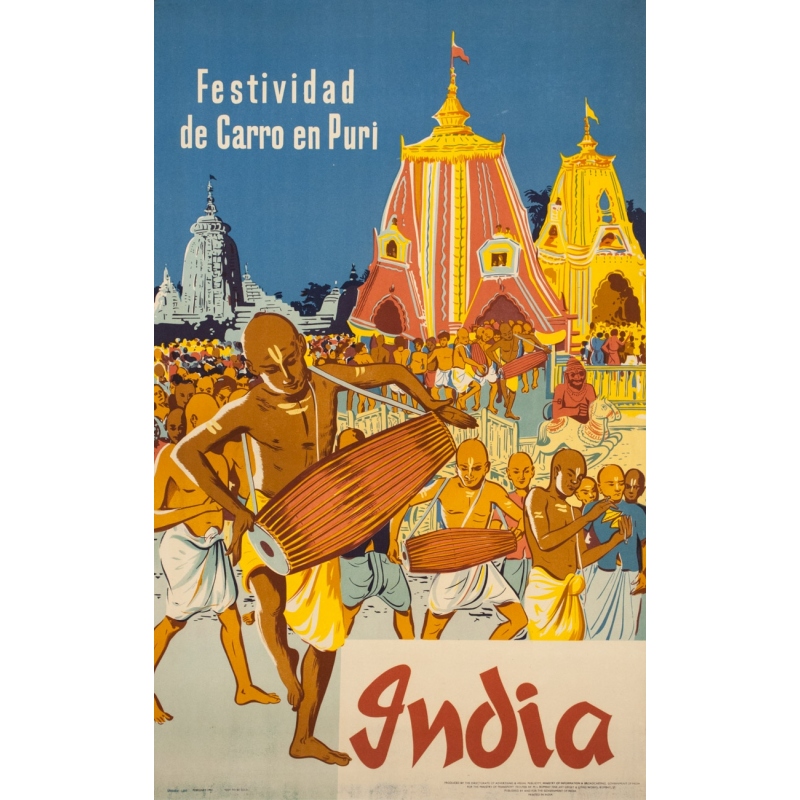 Affiche ancienne de voyage - Anonyme  - 1957 - Festival de Chars à Puri - 101 par 62.5 cm