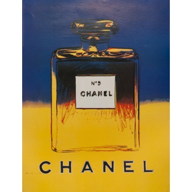 Vintage advertising poster Chanel N5 1997 yellow blue Andy Warhol 1997
