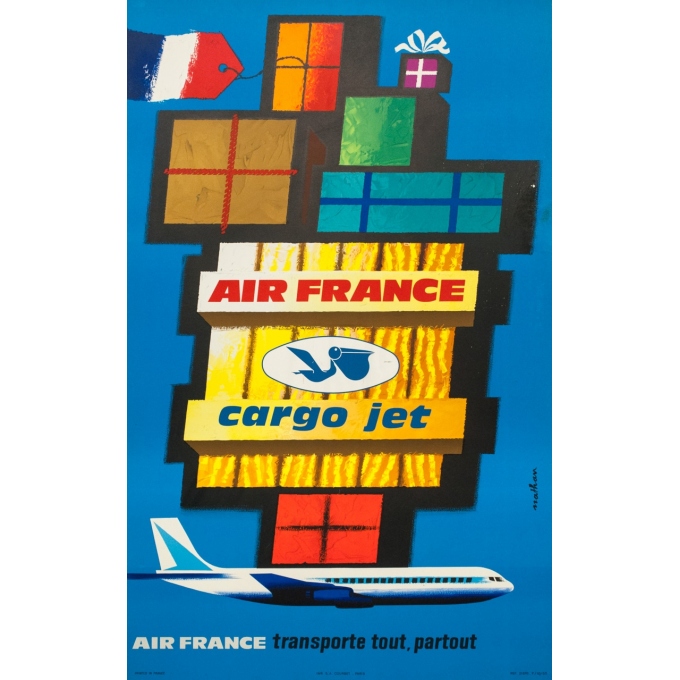 Affiche ancienne de voyage - Nathan - 1962 - Air France Cargo Jet - 99 par 62 cm