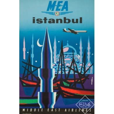 Affiche ancienne de voyage - Auriac - Circa 1960  - Istanbul Middle East Air Lines MEA - 80 par 53 cm
