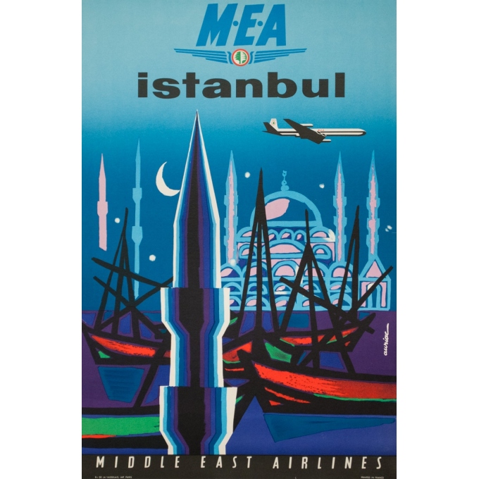 Affiche ancienne de voyage - Auriac - Circa 1960  - Istanbul Middle East Air Lines MEA - 80 par 53 cm