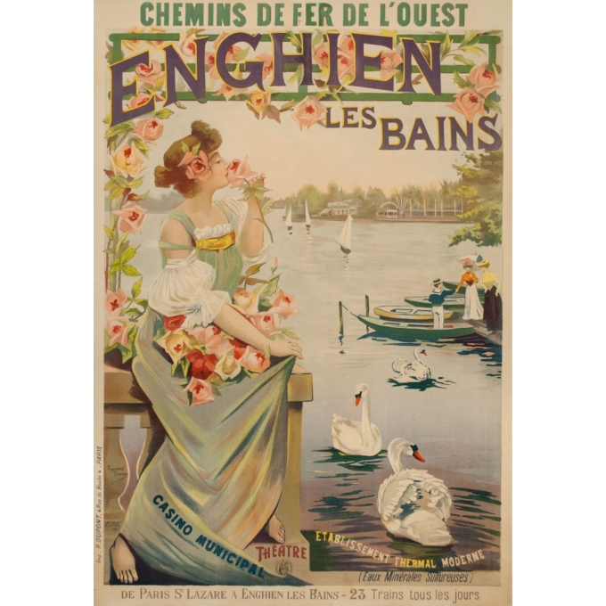 Affiche ancienne de voyage - Raymond Tournon - Circa 1900 - Enghien Les Bains Chemins de Fer de L'Ouest - 106 par 73 cm