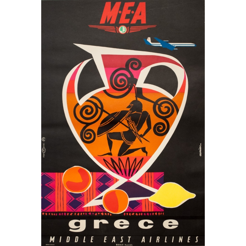 Affiche ancienne de voyage - Auriac - Circa 1960 - MEA Grèce Greece - 80 par 53 cm